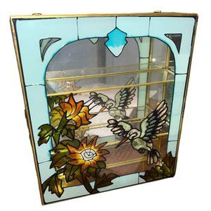 Vtg Faux Stained-Glass Hummingbird Flower 3 Shelf Glass Wall Curio Cabinet